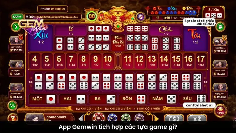 App Gemwin tích hợp các tựa game gì?