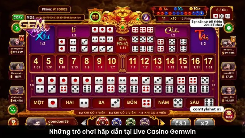 Những trò chơi hấp dẫn tại Live Casino Gemwin