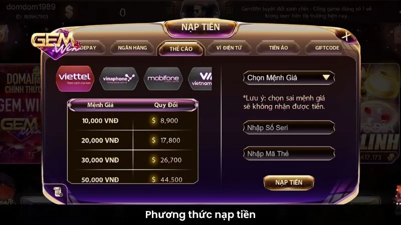 Phương thức nạp tiền