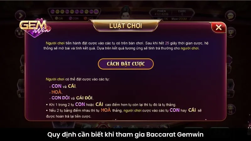 Quy định cần biết khi tham gia Baccarat Gemwin