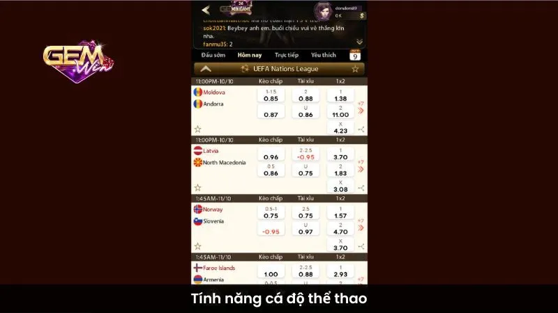 Tính năng cá độ thể thao